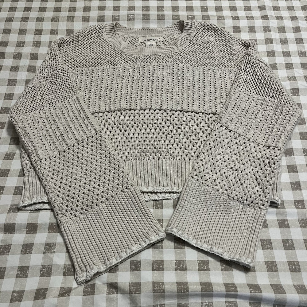 Happily Grey Women M Cable Knit Sweater Bell Sleeve Ivory Cream Cottagecore Boho